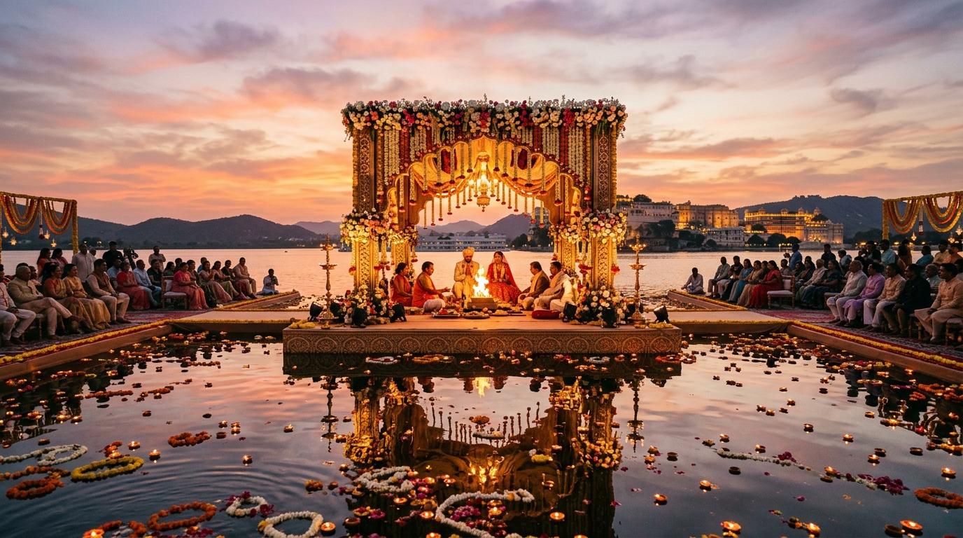 Sacred Sunset Mandap Reflections